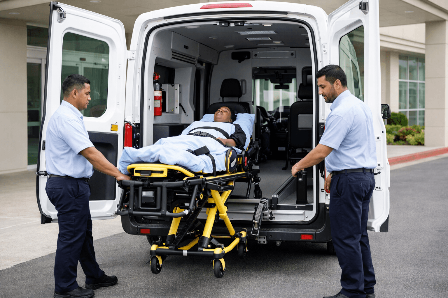 Black female patient on a stretcher being guided into a white Ford Transit 350 high-roof extended medical transport van.